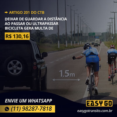 Leia mais sobre o artigo Multa por deixar de guardar a distância lateral de um metro e cinqüenta centímetros ao passar ou ultrapassar bicicleta