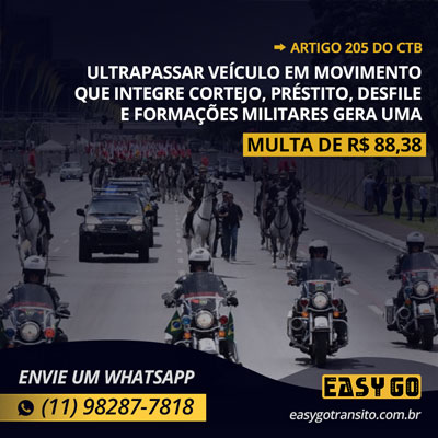 Leia mais sobre o artigo Multa por ultrapassar veículo em movimento que integre cortejo, préstito, desfile e formações militares