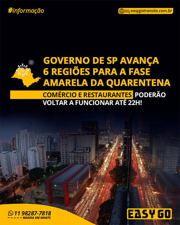 Leia mais sobre o artigo Governo de SP avança 6 regiões para a fase amarela da quarentena, que permite funcionamento de restaurantes até 22h